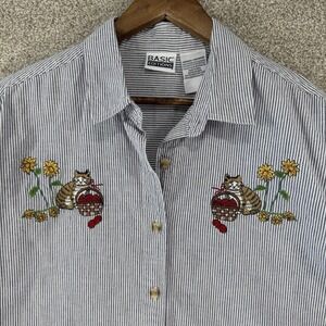 VTG Basic Editions Embroidered Cat Shirt‎ M Grannycore Flowers Kittens *stain